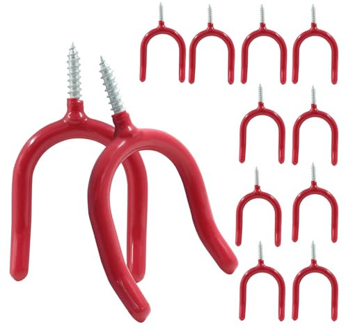 HARSKIYER 12 Pack Screw in U Hooks, Red U Shaped Shovel Holder Wall Mount, U Hook Screw for Hanging Garage, Garden, Yard Tools