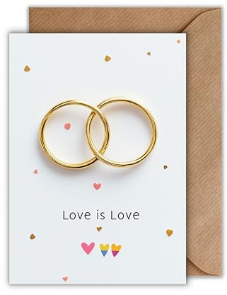 WBdesignz Queer Liebe Karte mit Umschlag - Love is Love Glückwunschkarte zur Trauung Gold Ringe Herzen Gay Hochzeit Verlobung Hochzeitskarte LGBTQ+ (DIN A6)