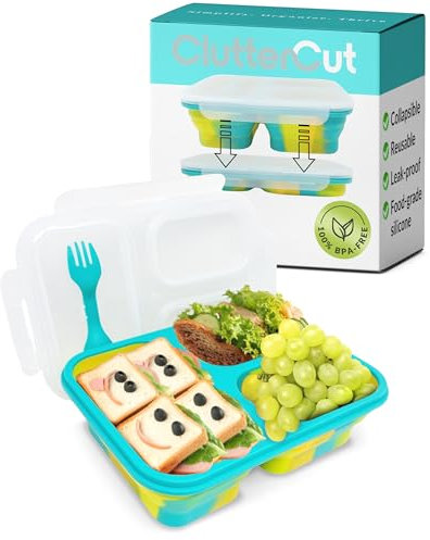 Leak Proof Bento Box - Collapsible Lunch Container with Compartments for Snacks - Portable Lunchbox for School, Daycare, Work and Travel - Easy-to-Clean Silicone Tray with Dividers