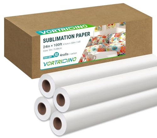 VORTRIDINO 4 Rolls E)*pson F570 Sublimation Paper 24in x 100ft Sublimation Paper Roll, 2 Core 95gsm 24in Wide Format Sublimation Heat Transfer Paper