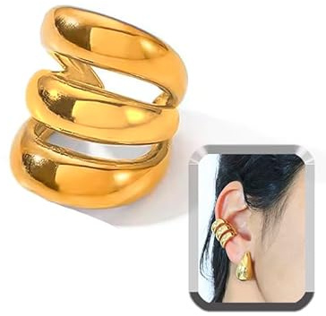 Pendientes para mujer, Aros grandes Ear Cuff Clips Diseño Circular Grueso sin Agujero, Acero Inoxidable, Dorado y Plateado, Chunky rings (Triple Aro Dorado x 1)