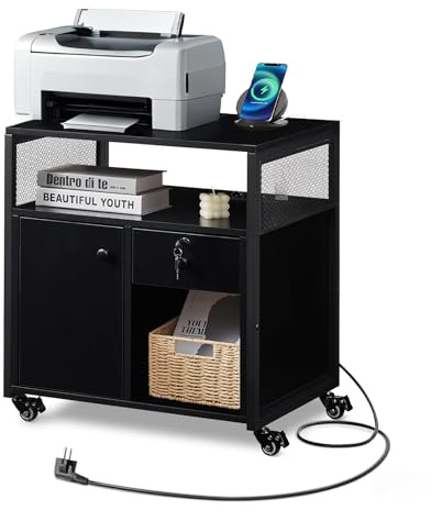 CLIPOP Rollcontainer, abschließbar, mobiler Aktenschrank mit 1 Schubladen, Schrank, und Offenes Fach, Druckertisch, Büro, Homeoffice, für A4/Legal/Letter,Schwarz