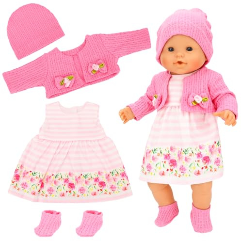 4 Sets Baby Doll Dress Knitted Hat Outfit for 14-17“ Dolls