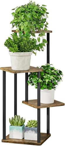 Dazioter Plant Stand Indoor 5 Tier Plant Shelf Metal for Multiple Plants Corner Tall Flower Holders for Patio Garden Living Room Balcony Bedroom, Black (4 Tier-Black+Rustic Brown)
