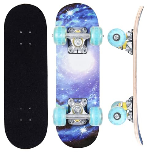 ERNAN Skateboard completo, 17 pollici, doppio kick, ruote che si illuminano durante il movimento, design e colori assortiti con attrezzo a T per skate