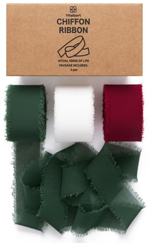 Vitalizart Nastro in Chiffon Setoso Verde Scuro & Bianco & Bordeaux 2,5 cm x 19,2 m, Tessuto con Frange, Confezione Ecologica per Inviti a Nozze, Bouquet da Sposa, Decorazioni, Confezioni Regalo