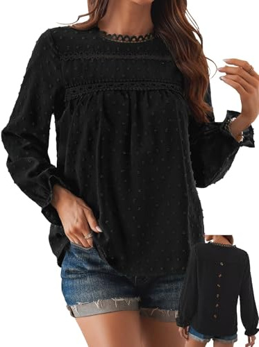TUUHAW Chemisiers et Blouses Femme Tunique Femme Automne Col Rond Manches Longues Chemise Chic et Élégant Bohème Dentelle Top Fluide à Point Suisse Couleur Unie Décontracté T-Shirts Noir L