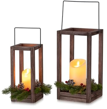 Romadedi Lanterna in legno grande Natale, set da 2 pezzi, 24/30 cm, lanterna con ghirlanda di Natale e candele a LED, per interni, balcone, camino, soggiorno, davanzale