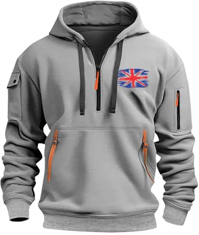 Hoodies for Men UK, British Flag Printing Quarter Zip Up Sweatshirt Warm Neck, Long Sleeve Casual Fleece Jumpers, Casual Fashion Gym Work Tops