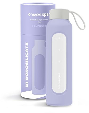 Wessper Bouteille en verre avec housse en silicone, bouteille en verre borosilicaté avec repères horaires 500 ml, bouteille de sport Idéale pour le fitness, l'école, le sport, les enfants - Violet