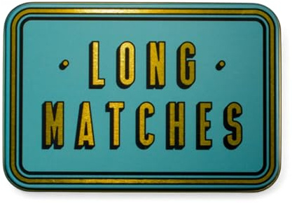 TINIT Long Matches Tin | Storage Box Match Firelighter Metal Lighter Gift Storage Funky Unique Present Birthday Christmas Home Housewarming Aesthetic Kitchen Decor | Long Matches (Gold on Teal)