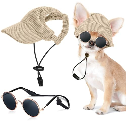 Jadive Medium Dog Sun Hat with Ear Holes, Dog Cat Sunglasses with Anti-Slip Silicone Rope Baseball Cap Adjustable Puppy Sunbonnet Headdress Beach Visor Hat for Puppies Summer Outdoor(Khaki)