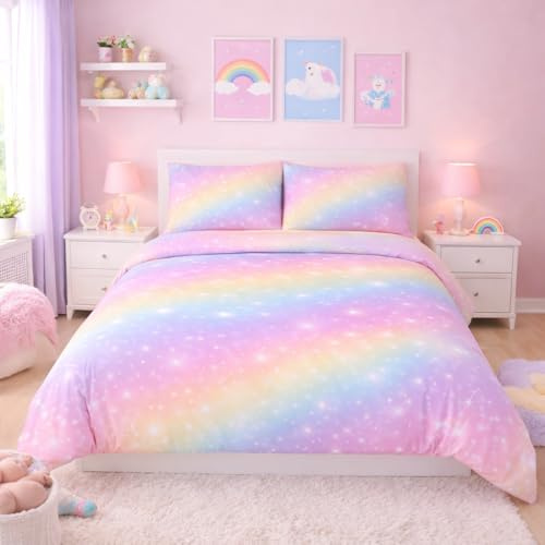 Ranedo Rainbow Galaxy Duvet Cover Set for Girls 135x200cm, Colourful Kids Single Bedding, Soft Microfiber Duvet Cover with 2 Pillowcases, Zip Closure, Pink