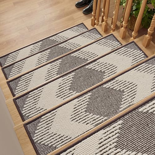 PADOOR 15PC Stair-Treads Non Slip, 3D Peel and Stick Stair Treads for Wooden Steps Indoor, Stair-Carpet Treads Washable Reusable Adhesive Stair-Runner Rugs for Kids and Dogs 8x30 Chocolate