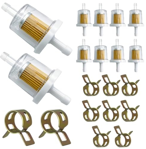 Simsky 10 Stück Benzinfilter, 8mm Kraftstofffilter mit 10 Schlauchklemmen – Universal Benzinfilter für Motorrad, Rasenmäher, Moped, Roller, Diesel/Benzin – transparenter Inlinefilter