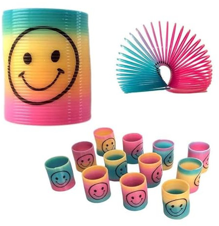 SHATCHI 24Pcs Springs Party Bag Fillers for Boys Kids Girls - Rainbow Slinky Mini Smile Face - Fidget Pocket Toys for Birthday Return Gift Pinata Favours