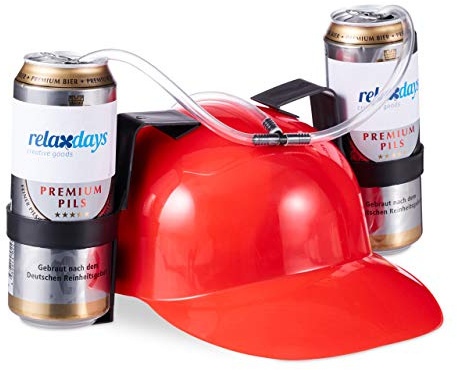 Relaxdays 4 x Party Trinkhelm, Helm mit Schlauch, für 2 Dosen Bier, Spaßartikel Fasching u. Fußball, lustiger Bierhelm, rot