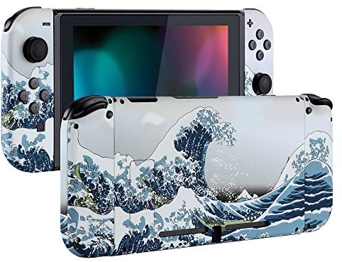 eXtremeRate Soft Touch Grip Back Plate for Nintendo Switch Console, NS Joy con Handheld Controller Housing with Full Set Buttons, DIY Replacement Shell for Nintendo Switch - The Great Wave