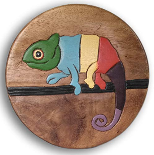 ART-CRAFT Vielseitiger Kinderhocker Holzhocker rund aus Massivholz Tiermotiv Cameleon mit vielen Einsatz Möglichkeiten