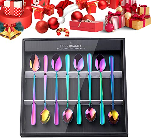 YDware Eis-Teelöffel mit langem Griff, 20 cm, Regenbogen-Eislöffel, Edelstahl 18/10, Cocktail-Rührlöffel in schwarzer Geschenkbox, 8 Stück