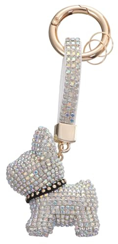 VALICLUD Bulldogge Schlüsselbund Diamant Auto Kreis Schlüsselringe Anhänger Strass Kristall Geldbörse Tier Haustier Charme Handtasche Rucksack Zubehör Silber