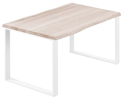 LAMO Manufaktur Esstisch Küchentisch Schreibtisch Couchtisch aus Massivholz, mit Baumkante 140x80x76 cm (AxBxH), Modern, Roh/Weiss, LAB-01-A-001-9016M