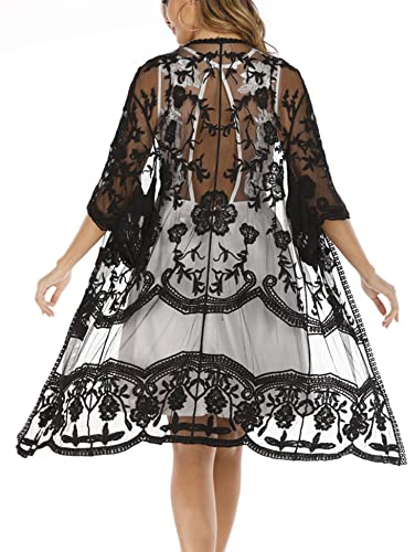 Cardigan da donna in pizzo floreale all'uncinetto pura copertura da spiaggia lungo aperto Kimono, Nero-50, Taglia Unica