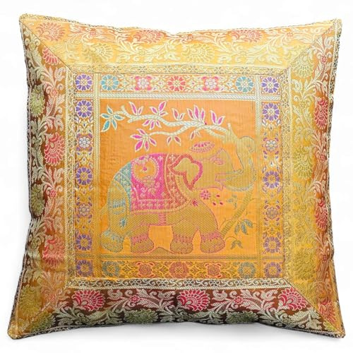 Original Kikan Indischer Elefanten-Mandala-Seiden-Kissenbezug, Sari-Brokat, Boho, Heimdekoration, Kissenbezug, 40,6 x 40,6 cm, Reißverschluss, Banarsi, ethnisch, handgefertigt, Patchwork