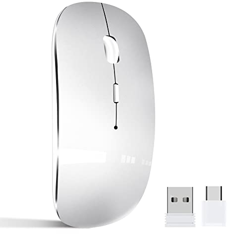 Kabellose Maus für Laptop Wiederaufladbar, Tragbare 2,4 GHz Funkmaus mit USB/USB-C Zwei Empfänger für Computer - Kompatibel mit TypeC-Gerät/AppleMacBook Air/Pro,iPad,Mac,Chromebook,Tablet,PC (Silber)