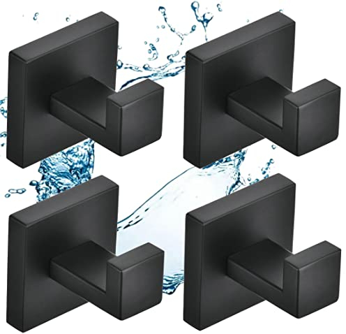 SHUNLI Schwarz Handtuchhaken Wandhaken Kleiderhaken, Schwerlast Garderobenhaken Bademantelhaken für Bad&Küche, Wandhalterung/Edelstahl SUS304 Rostfrei (4 Stück)