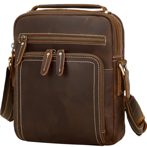TIDING Leder Umhängetasche für Herren Schultertasche Crossbody Bag Kleine Messenger Tasche für Arbeit Schule, Braun