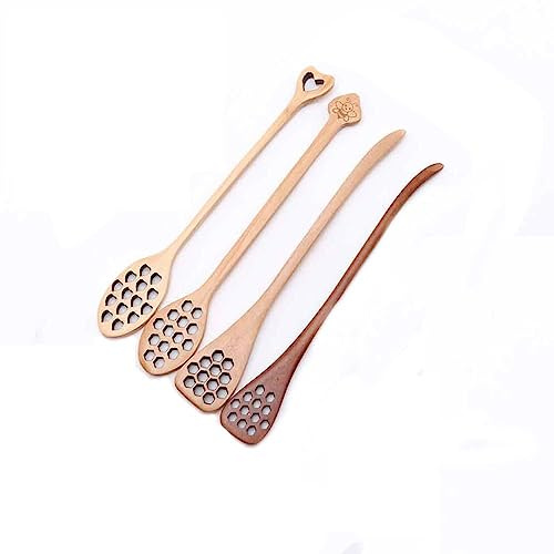 Honey Dipper 4Pcs Honeycomb Heart Pattern Honey Dippers Wooden Long Handle Honey Dipper Stirrer Server Mixing Stick Spoon Home Kitchen Supplies
