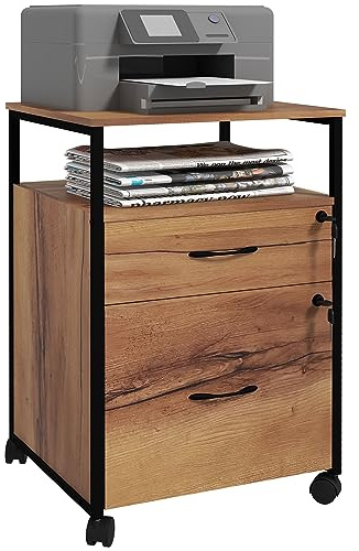 Vinsetto Büro-Schubladenschrank mit Schloss Mobiler Aktenschrank auf Rädern 2 Schubladen Hängeschiene für A4 Letter Format und 2 Schlüssel 44x40x66,5 cm Rustikales Braun
