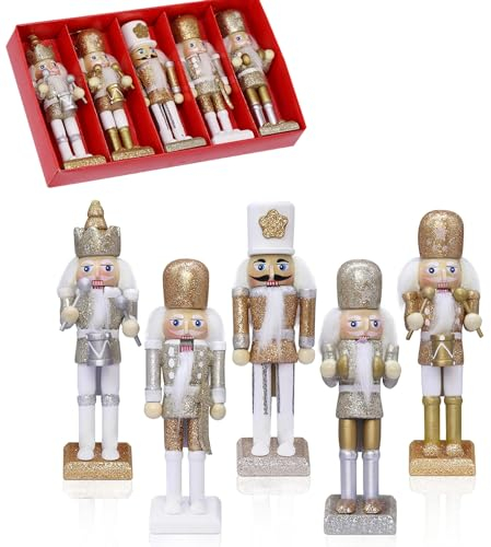 5 P Christmas Wooden Nutcracker Soldiers,12cm Gold Silver Nutcracker King Ornaments,Pine Wood Hanging Nutcracker Christmas Decor for Home Fireplace Xmas Mini Figures Puppet Soldiers Doll Gifts Toy