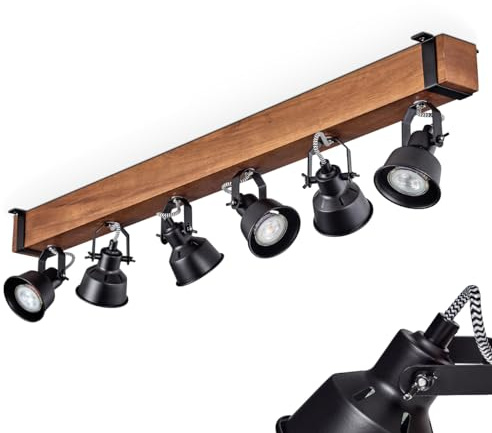 HOFSTEIN Deckenleuchte Safari, verstellbare Deckenlampe aus Metall/Holz in Schwarz/Natur, Leuchte im Industrial/Retro/Vintage-Design, Holzbalken, 6 x GU10, Wohnzimmer, Esszimmer, Schlafzimmer, Küche