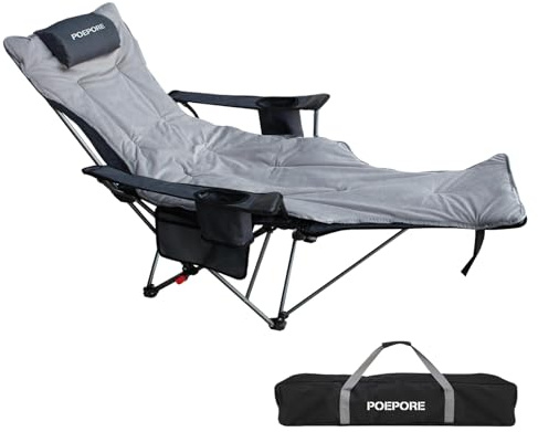 POEPORE Reclining Camping Chair with Removable Footrest Lounge Chair with Headrest, Cotton Cushion, Portable Adjustable Folding Chairs for Adults Grey