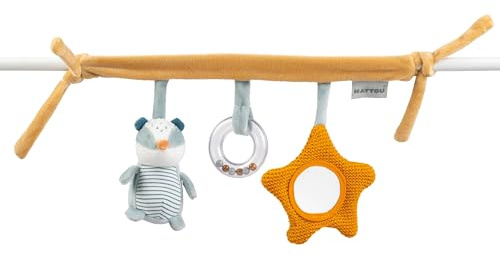 Nattou Spielzeug zum Aufhängen aus Polyester, Dachs Felix, Mit Rassel und weiteren Aktivitäten, Ca. 32 cm, Felix und Leo, Beige