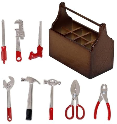 Miniatur Werkzeugkasten, Wichtel Werkzeug 8 Stück | Werkzeugkiste Holz mit Werkzeug Set Miniatur Holz Toolbox Miniatur Deko