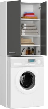 BDW - Waschmaschinenschrank, Regal, Hochschrank - Badezimmermöbel, Mehrzweckschrank - 2 Türen - Aufbewahrungsschrank, Hochschrank 180 cm - Waschraum, Waschküche - Weiss/Grau