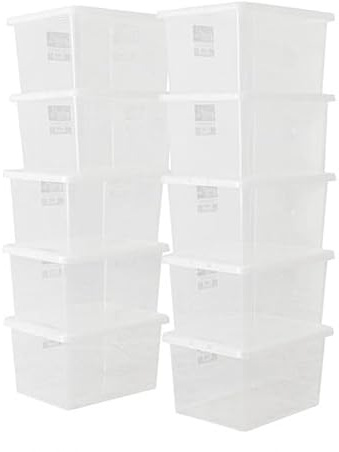 BiGDUG Plastic Storage Boxes – Clear Containers Tubs with Lids for Home or Office Storage (10 x 31 Litre)