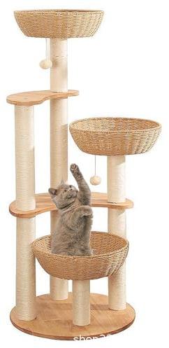 Kratzbaum, Kratzbaum für große Katzen, Katzenkratzbaum, Katzenturm aus Holz, Katzenaktivitätszentrum mit Sisal, Rattanstange, 136 cm