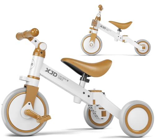 XJD Triciclo 3 in 1 per bambini e ragazze da 10 a 36 mesi senza pedali per bambini con regolabile sedile manubrio e pedali smontabili 1 anno regalo di compleanno (Marrone, 3 en 1 - Clásico)