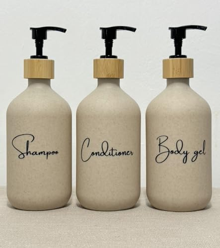Dispenser sapone bagno beige da 500 ml con dettagli in bambù - Set di 3 flaconi per gel, shampoo e balsamo - Porta sapone bagno elegante e funzionale per mantenere la doccia ordinata e decorata