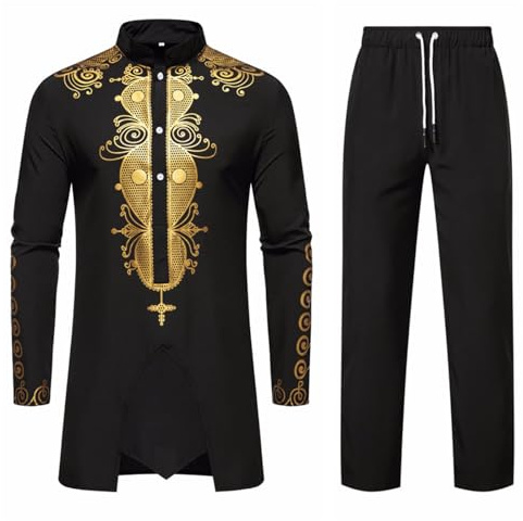 ZDSUHYIW Completo da Uomo Africano Dashiki, Set a Due Pezzi, Outfit Tradizionale Tribale, Camicia a Maniche Lunghe e Pantaloni, Completo Musulmano Arabo del Medio Oriente con Maniche Lunghe, Completo