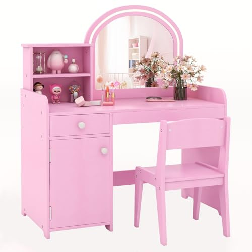 COSTWAY 2 in 1 Kinder Schminktisch Set, Frisertisch mit Hocker, LED-Leuchten, Spiegel, Schrank & Schublade, Kosmetiktisch Schminkkommde mädchen aus Holz für Kinder ab 3 Jahren (Rosa)