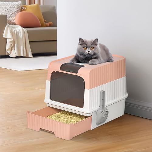 Cassetta Igienica per Gatti Chiusa Grande Pieghevole Con Coperchio, Toilette e Lettiera Con Pala Vassoio - 49 * 37 * 35 cm - Rosa