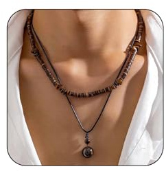 MEMFALL Brown Coconut Wood Beads Layered Puka Shell Necklace for Men - Boho Mens Summer Surfer Beach Necklace - Adjustable Size - Fashion Jewelry