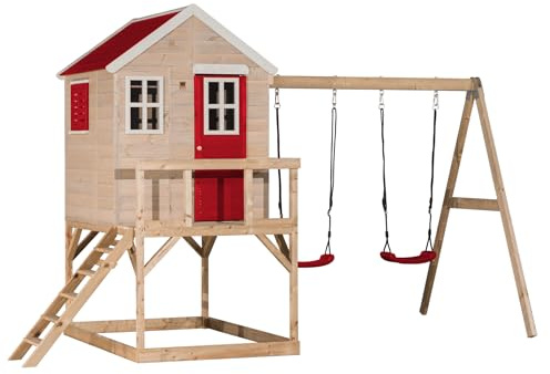 Wendi Toys M27 Stelzenhaus mit Doppelschaukel, Spielturm aus Holz für Kinder Garten Outdoor, Podesthöhe 90 cm, 192×405×242 cm, mit Leiter, Terrasse, Fensterläden, Boden, wetterfest