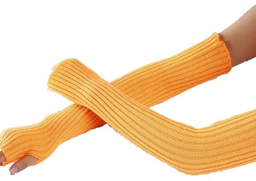 Women's Winter Arm Warmers, Fashion Solid Color Thermal Knitted Arm Warmers, Soft Long Fingerless Gloves with Thumb Hole for Women (Orange)