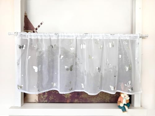 Devola Rideau brise-bise avec papillons - Transparent - Avec impression brillante - Court - Moderne - 60 x 120 cm - Argenté - 1 pièce